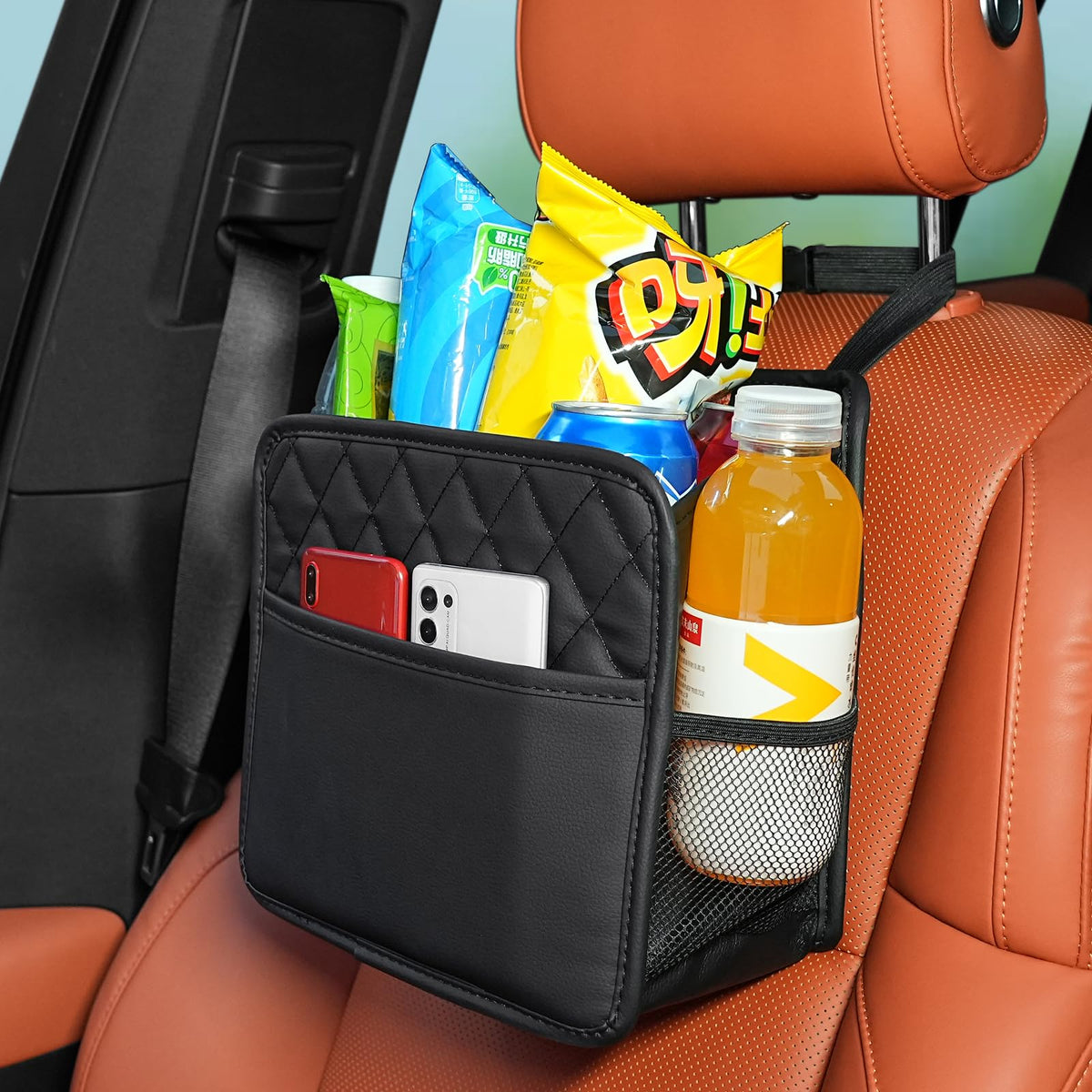FrgKbTm Car Seat Back Organizer, Waterproof Car Backseat Organizer with Cup Holders Large Capacity Hanging Car Storage Bag for Phones Documents Cups Bottle Travel Compatible with Most Vehicles