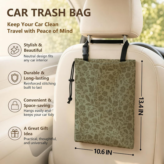 Vintage Sage Green Floral Car Trash Bag Hanging, 11x13Inch