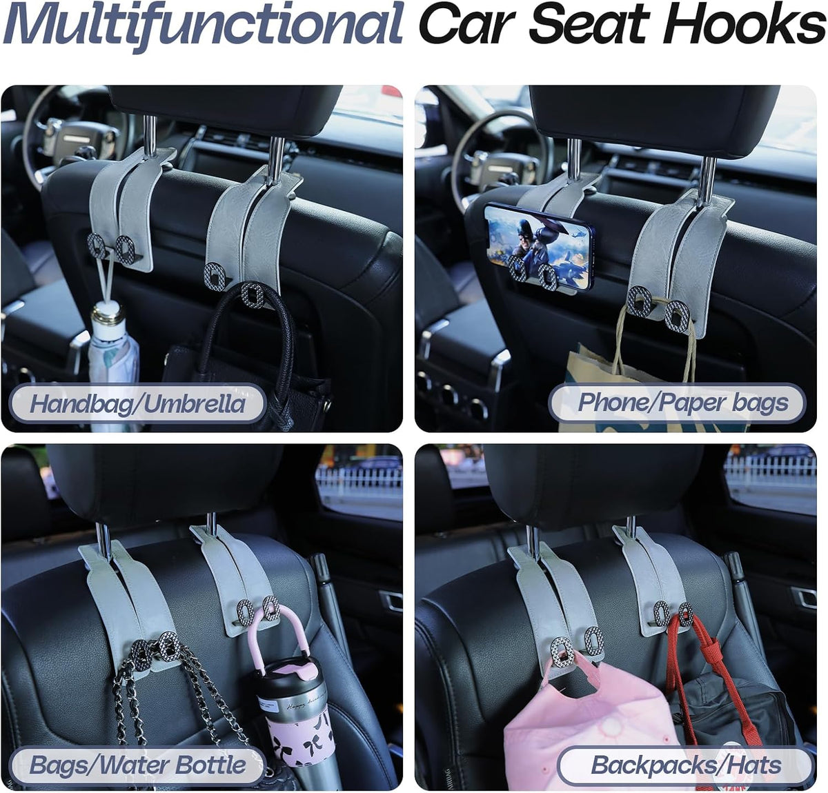 Car Headrest Hooks Universal Car Purse Hook Premium Leather and Alloy Twin Hook Car Seat Back Storage Hanger Hook for Purse Bags Cloth Drink Durable Holder Car Accessories (BH09-Grey-Black)