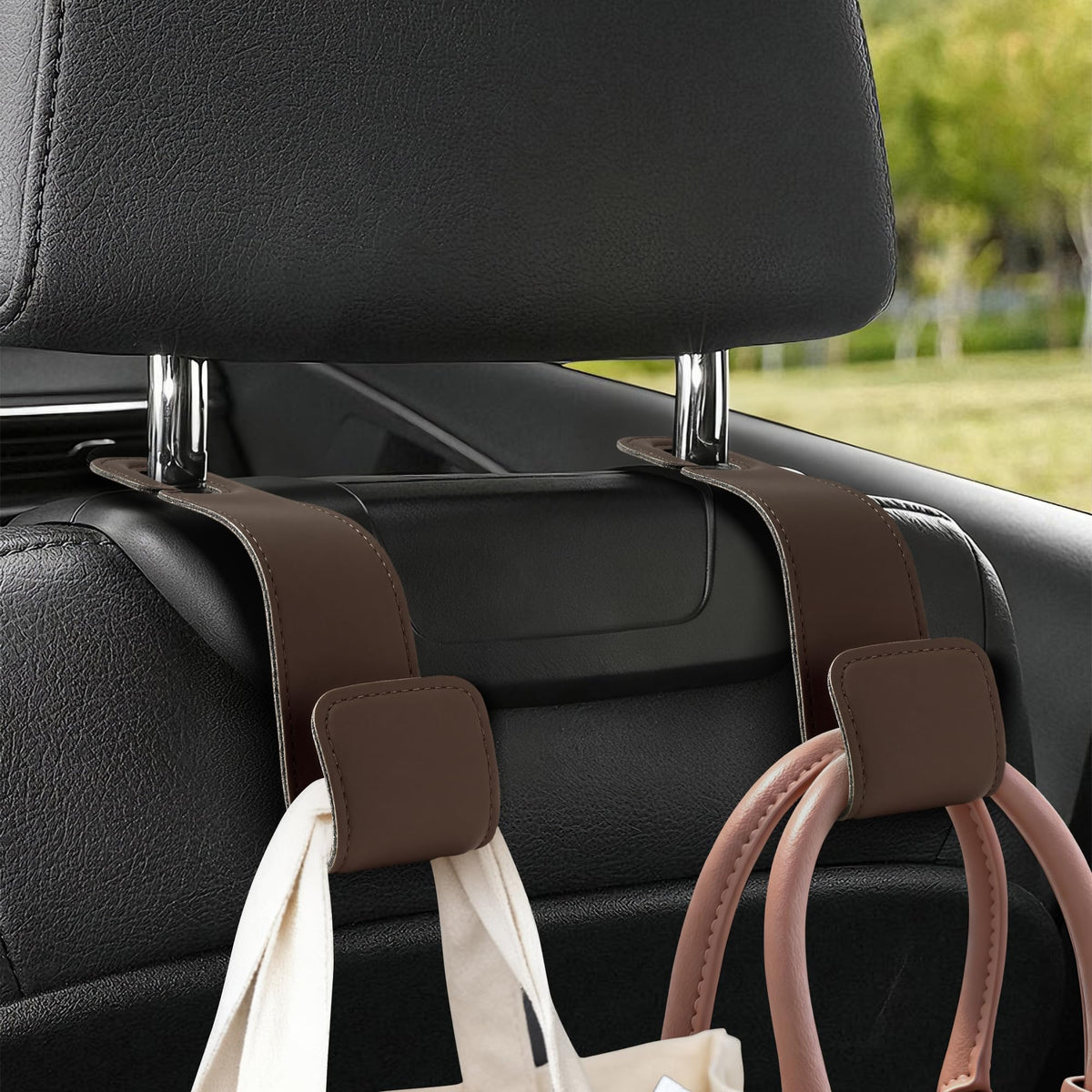 Leather Car headrest Hook for Purses and Bags (Black, 2pcs)