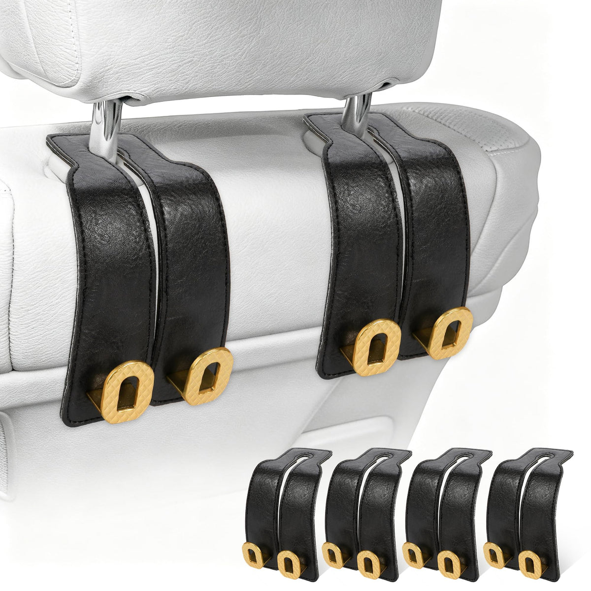 Car Headrest Hooks Universal Car Purse Hook Premium Leather and Alloy Twin Hook Car Seat Back Storage Hanger Hook for Purse Bags Cloth Drink Durable Holder Car Accessories (BH09-Grey-Black)