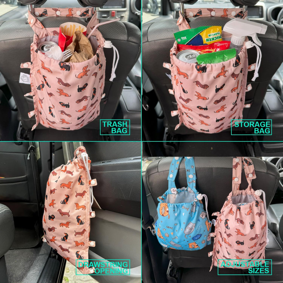 Leak-Proof Waterproof Car Trash Bag Foldable Multipurpose Trash bin Container Storage Cute Grocery Organizer for Automotive Cars SUVs and Trucks Backseat Headrest 7 Liters
