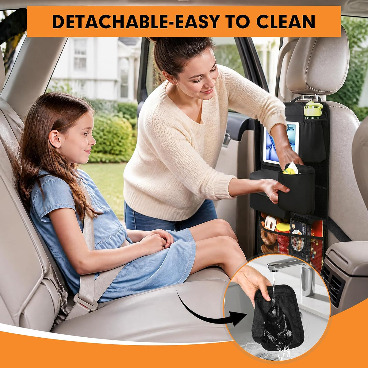 JEYODA Hook and Loop Backseat Car Organizer, Back Seat Storage Bag Kick Mats with Touch Screen Tablet Holder for Kids, Designed for Easy Removal, Installation and Cleaning (Standard Set(6 Piece))