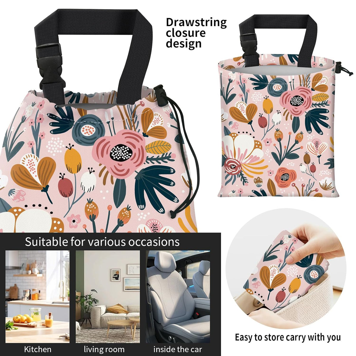 Car Trash Bag Large Hanging Can for Back of Seat, Cute Waterproof Car Garbage Bag for Vehicle, Travelling, Outdoor Cute Boho Pink Floral
