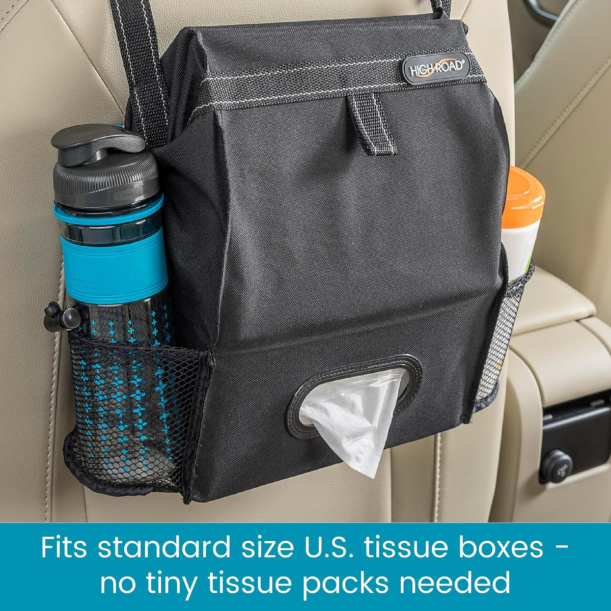 High Road Car Trash Can and Tissue Holder, Hanging Trash Bag Seat Organizer