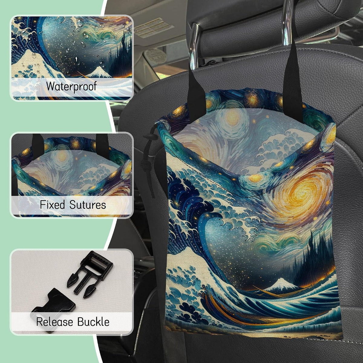 Sea Wave Car Trash Bag,Night Starry Sky Hanging Drawstring Car Garbage Bag,Waterproof Canvas Car Back Seat Organizer with Adjustable Buckle,for Vehicles,SUVs,Camping,Road Trips