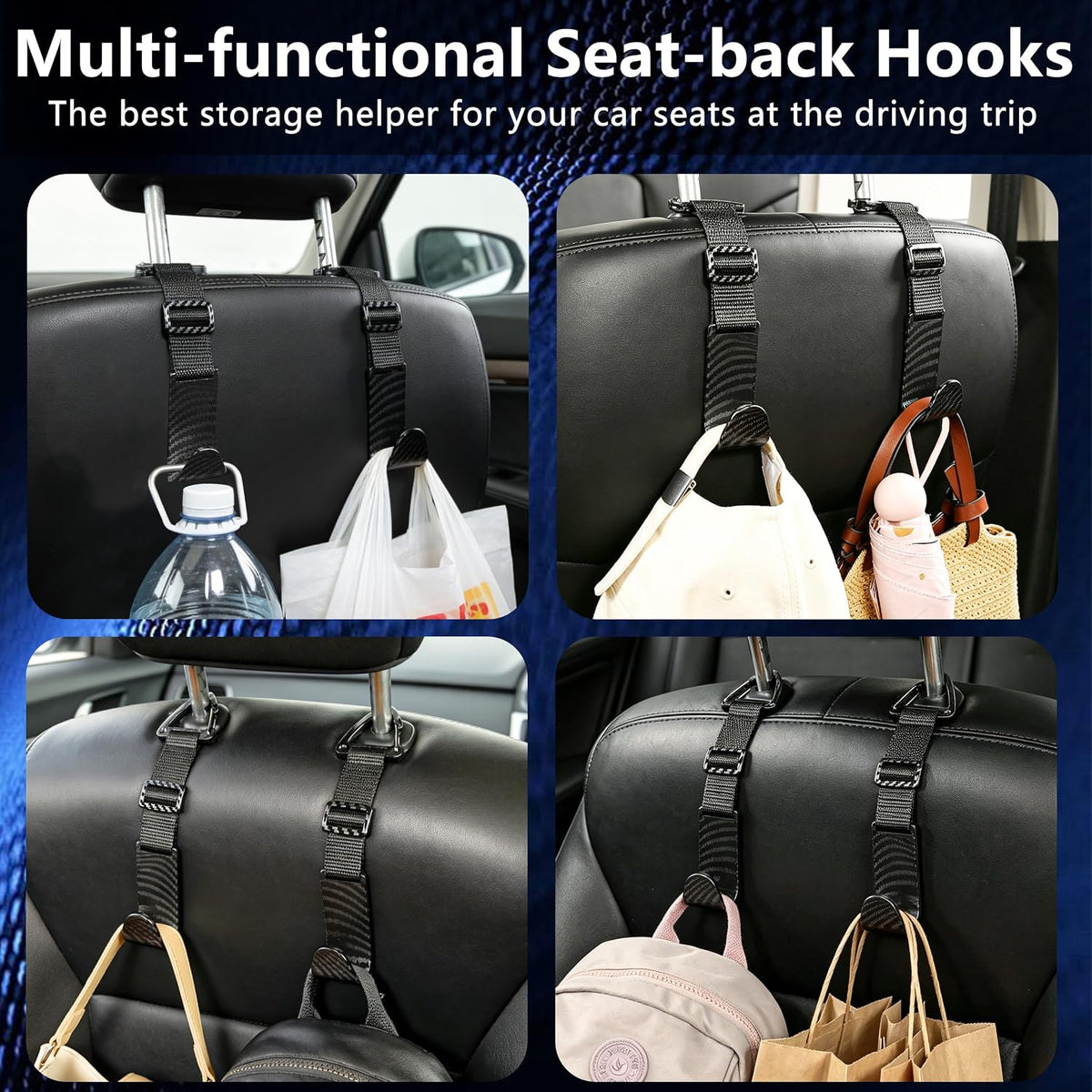 Amooca 4 Pack Anti-drop Headrest Hooks Adjustable Car Seat Organizer