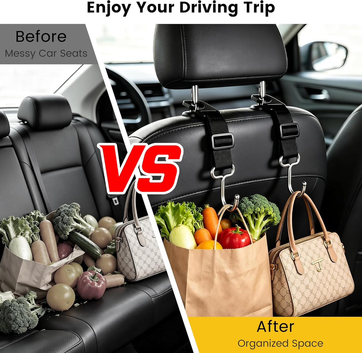 Amooca Adjustable 4 Pack Car Headrest Hooks Heavy Duty Metal Bag Hanger