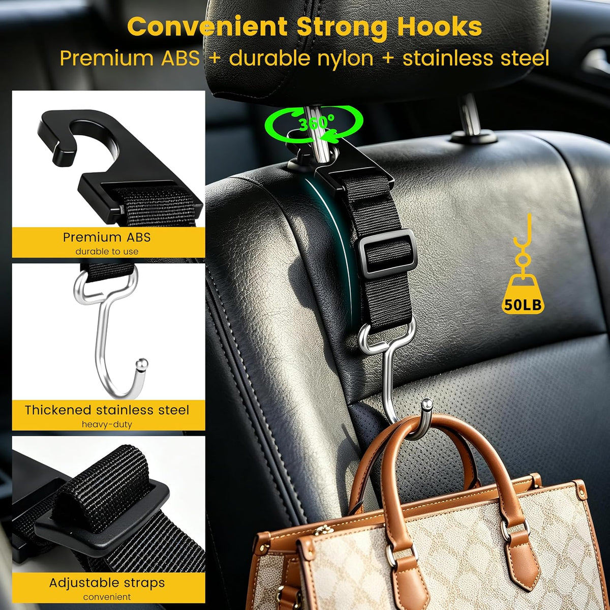 Amooca Adjustable 4 Pack Car Headrest Hooks Heavy Duty Metal Bag Hanger