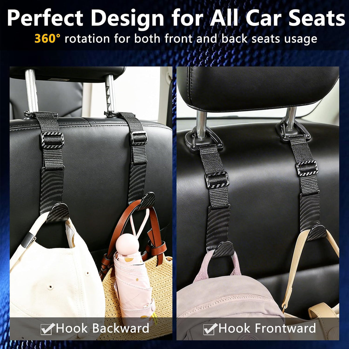 Amooca 4 Pack Anti-drop Headrest Hooks Adjustable Car Seat Organizer