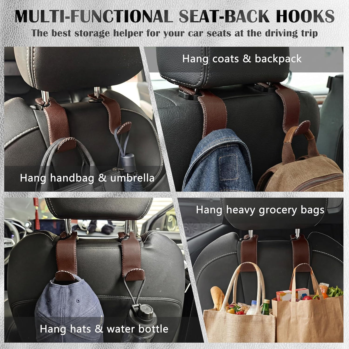 Car Seat Headrest Hook 55lb Heavy Duty Metal Hanger with Leather for Bags
