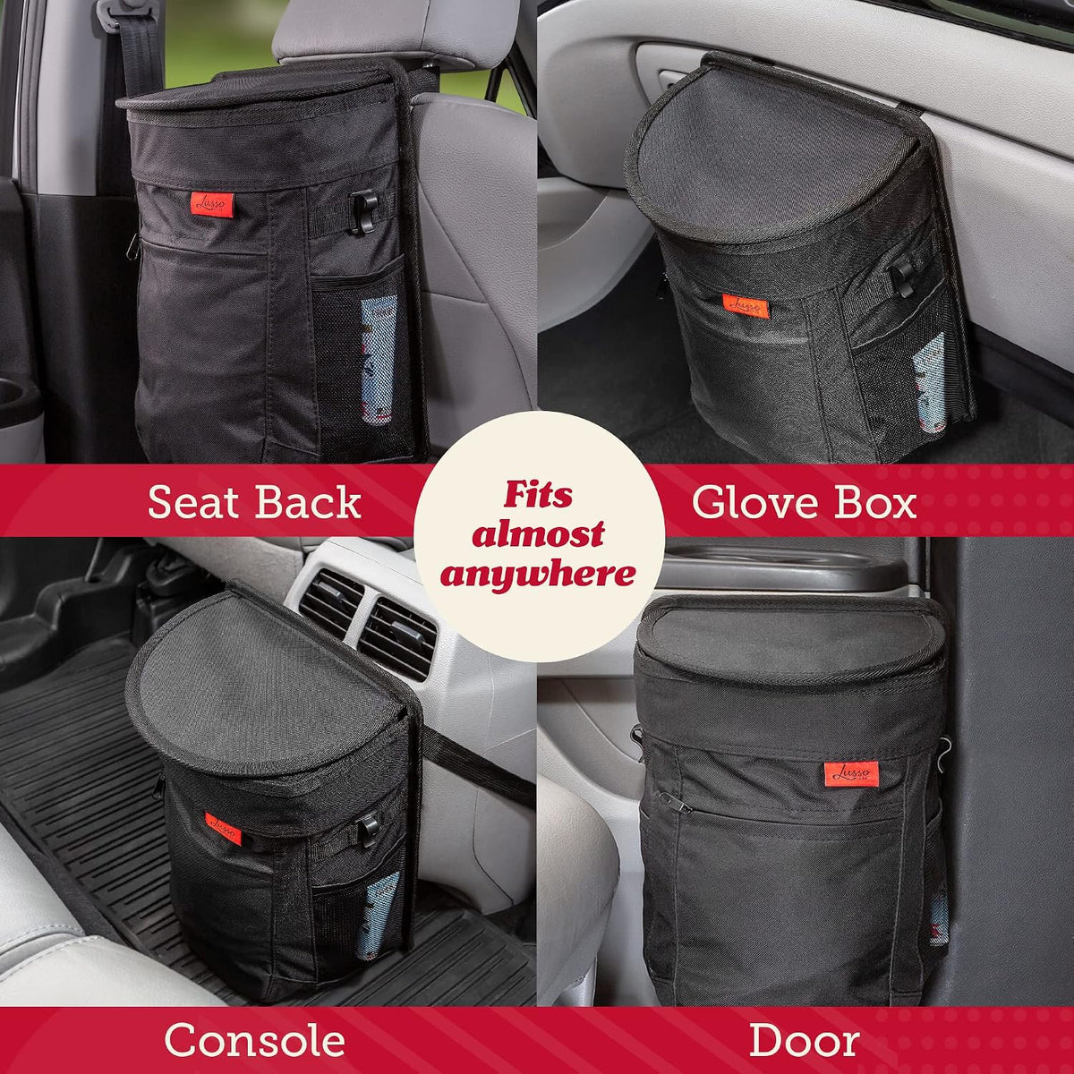 Lusso Gear Car Trash Can - 2.5-Gallon, Black, Round - Leak-Proof & Spill-Proof Lid & Waterproof Removable Liner - Hanging Car Trash Bin & Organizer for SUV, Truck & Minivan