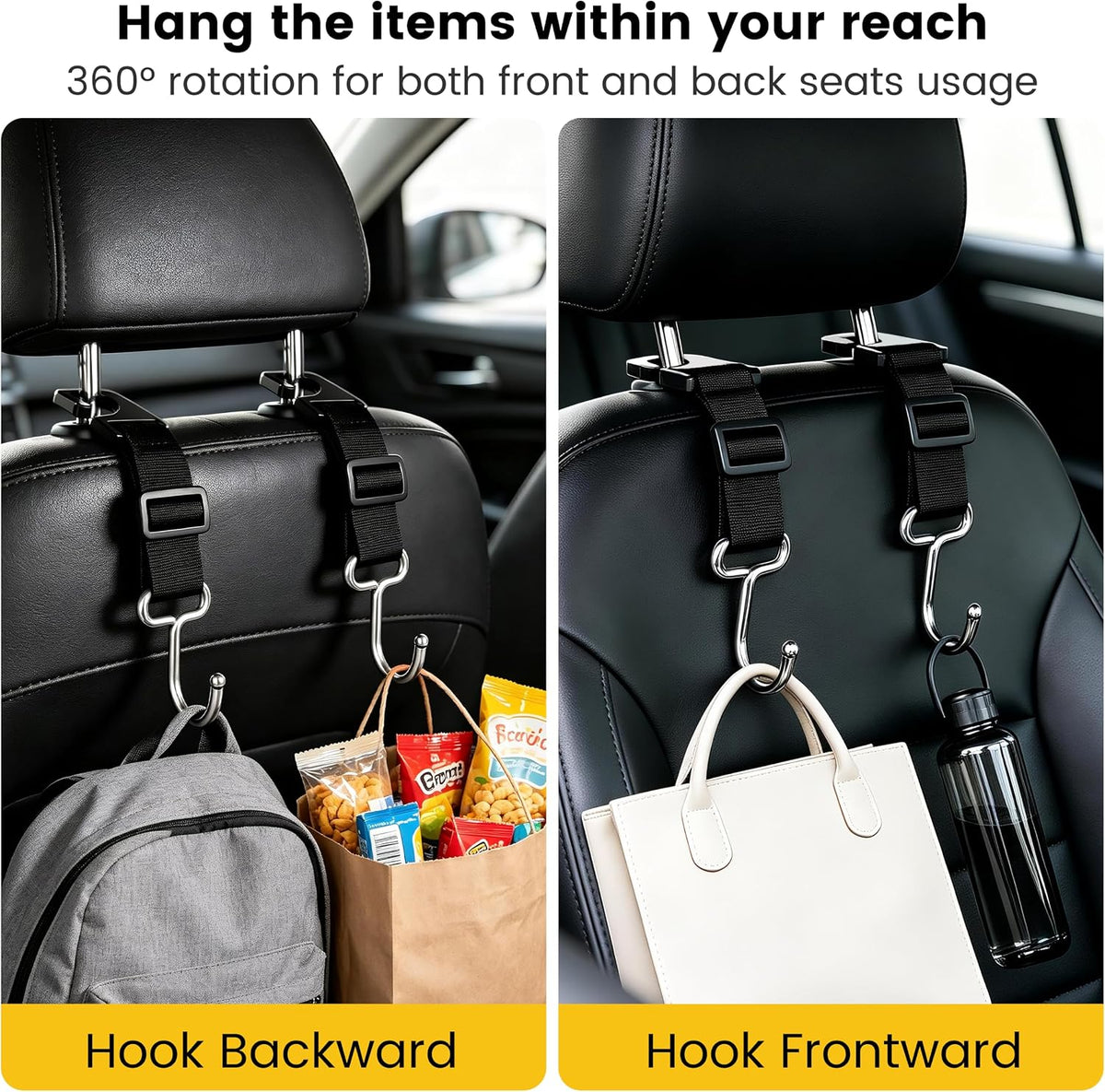 Amooca Adjustable 4 Pack Car Headrest Hooks Heavy Duty Metal Bag Hanger