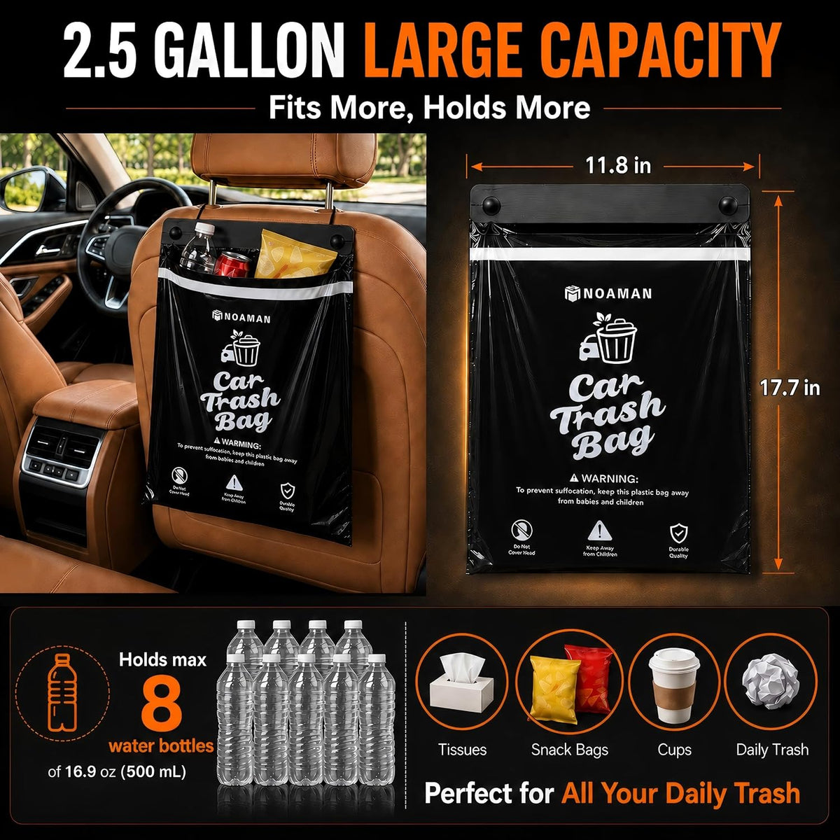 Noaman 50PCS 1 Pack Car Trash Bags, 2.5 Gal Disposable Garbage Bags for Car, SUV, Truck and RV, Leak-Resistant Odor-Control Bags, Stick-On or Headrest Mount, Alternative to Car Trash Can, Black