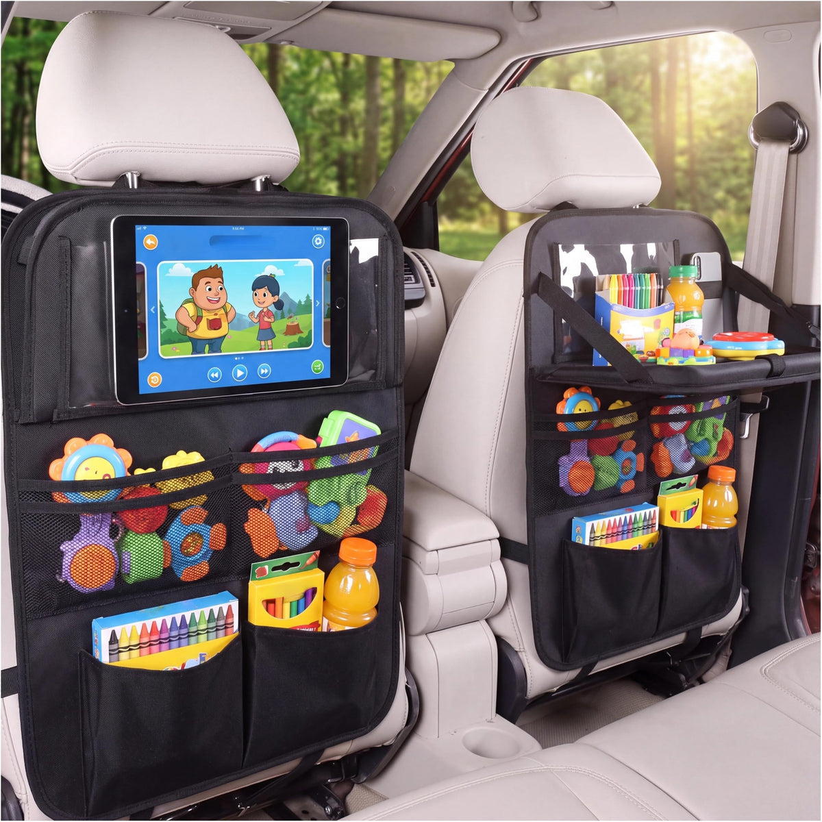 Car Backseat Organizer with 10" Tablet Holder, Seat Back Protectors Kick Mats for Kids Toddlers, Large Storage Pockets Travel Accessories for SUV Minivan Airplan 2 Pack
