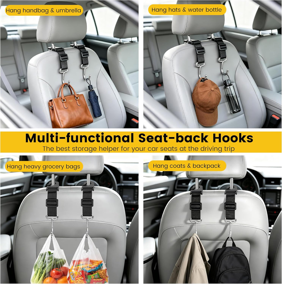 Amooca Adjustable 4 Pack Car Headrest Hooks Heavy Duty Metal Bag Hanger