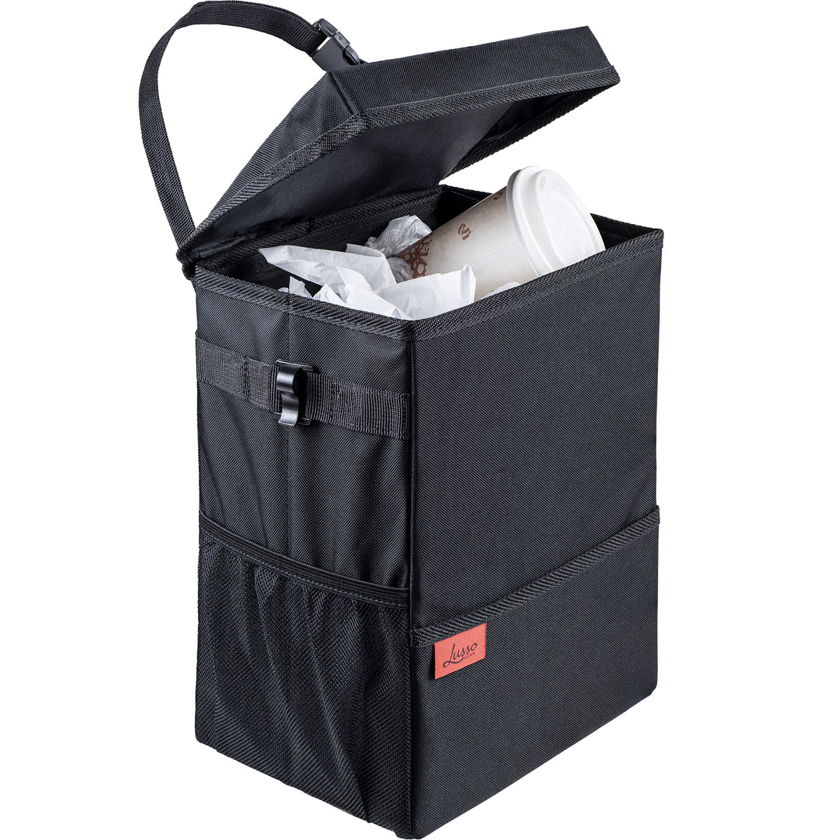 Lusso Gear Car Trash Can - 2.5-Gallon, Black, Round - Leak-Proof & Spill-Proof Lid & Waterproof Removable Liner - Hanging Car Trash Bin & Organizer for SUV, Truck & Minivan