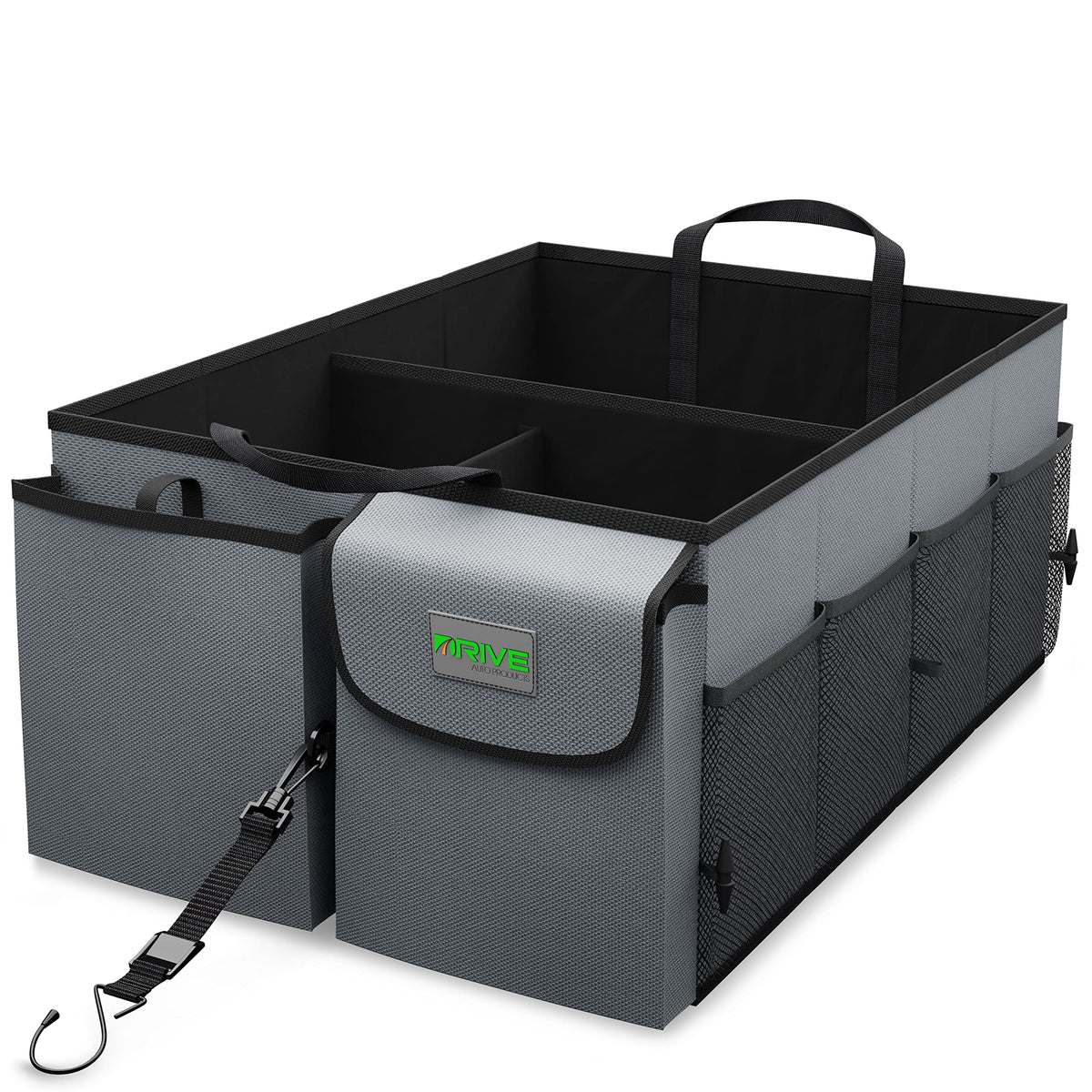 DRIVE - Car Trunk Organizer - Collapsible, Multi-Compartment Automotive SUV Car Organizer for Storage w/Adjustable Straps - Truck & Car Accessories for Women and Men - Grey