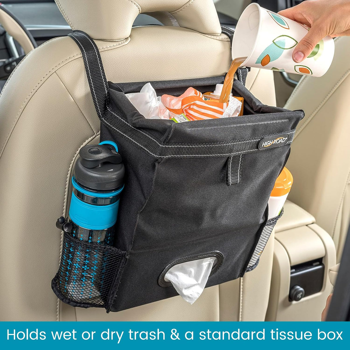 High Road Car Trash Can and Tissue Holder, Hanging Trash Bag Seat Organizer