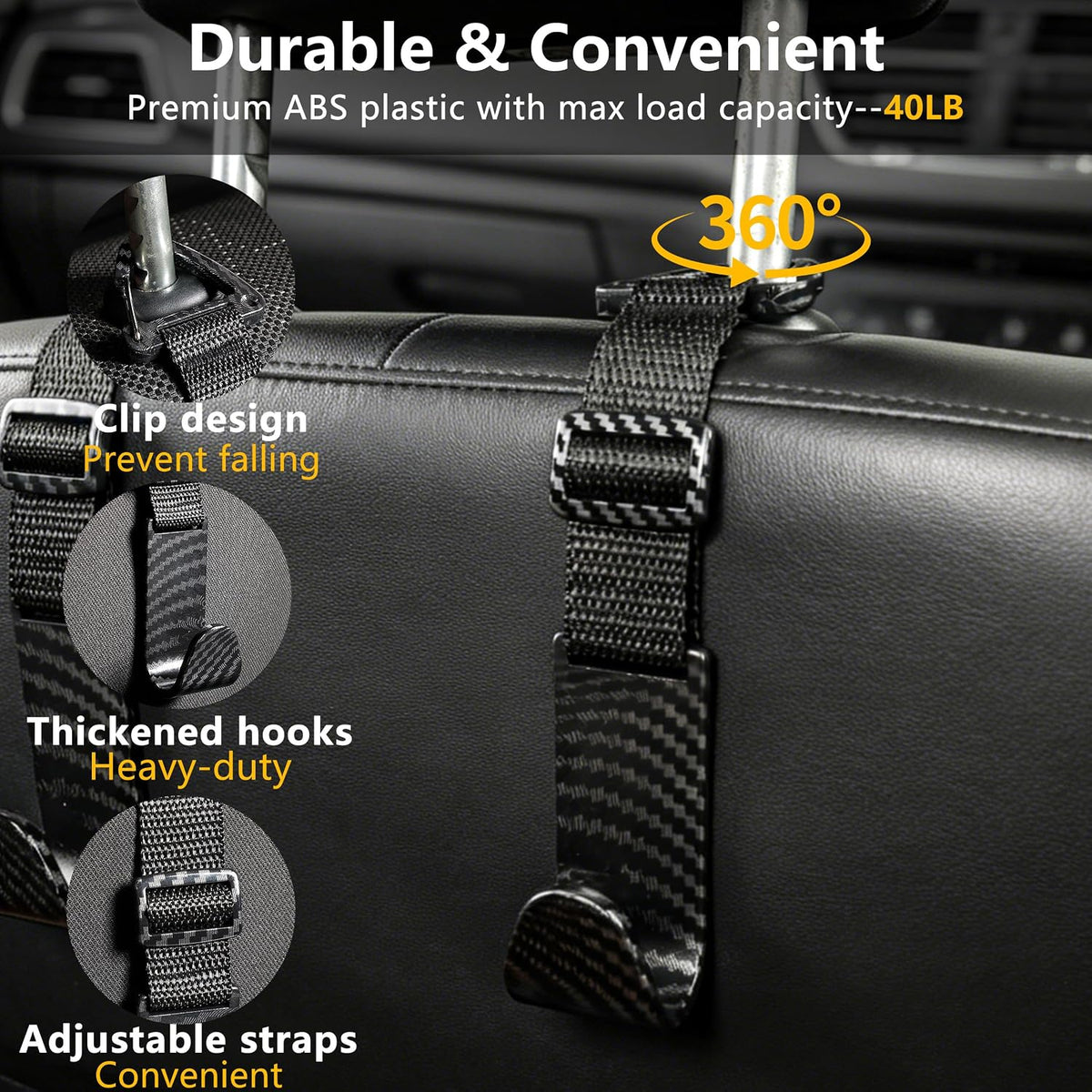 Amooca 4 Pack Anti-drop Headrest Hooks Adjustable Car Seat Organizer