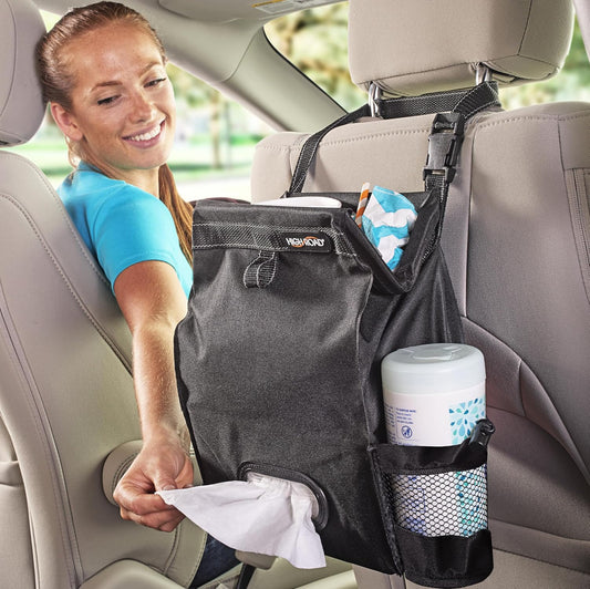 High Road Car Trash Can and Tissue Holder, Hanging Trash Bag Seat Organizer