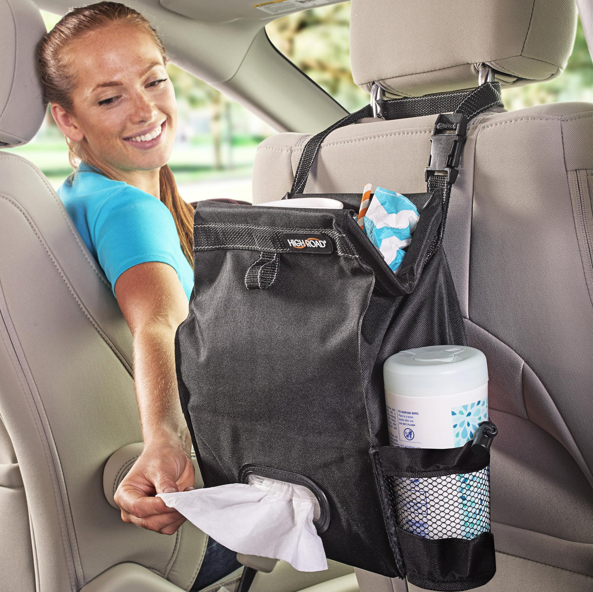 High Road Car Trash Can and Tissue Holder, Hanging Trash Bag Seat Organizer